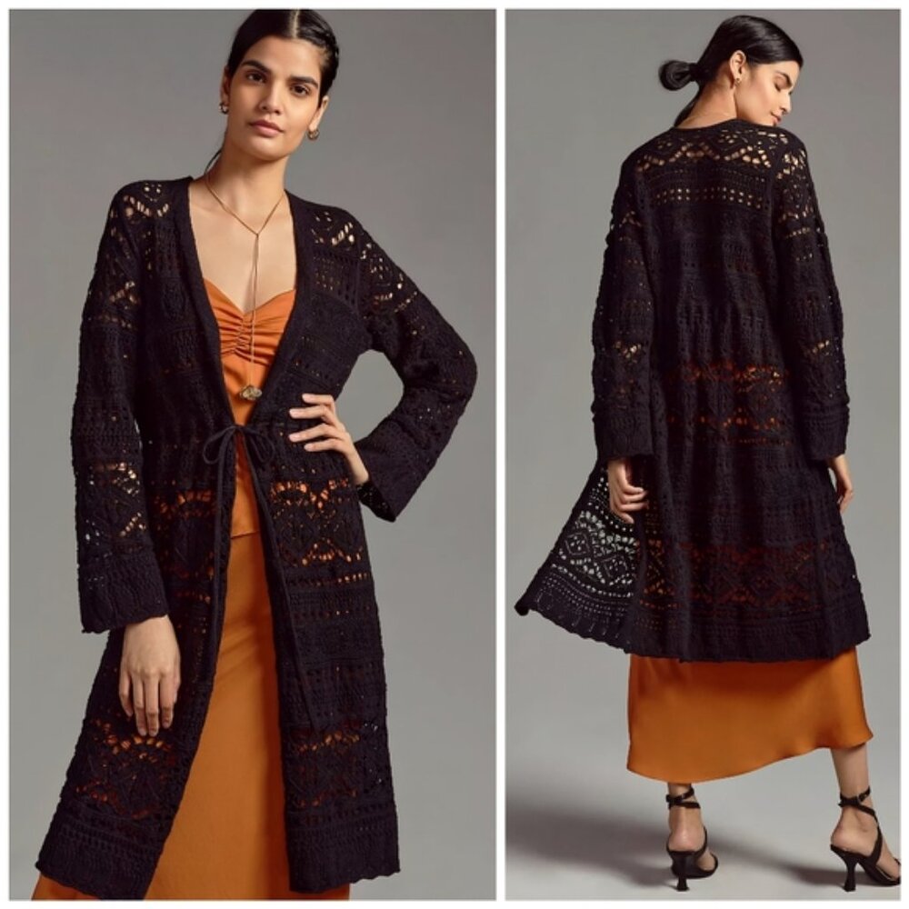 Anthropologie Crochet Duster Pointelle Cardigan Sweater, M - Picture 3 of 9